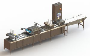 System shown runs two package sizes. Change parts for both machines remain on he machine. System consists of a Dual Lane RC Series Denester, Two Head Heat Seal and Die Cut Assembly, Two Head Lid Applicator.