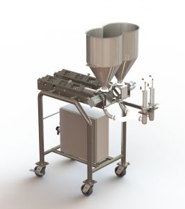 Precision PMD Two Head Piston Filler - Portable for rolling away from a production system or to another system. This filler utilizes a PLC to communicate with the production system and comes with no container no fill as a standard.